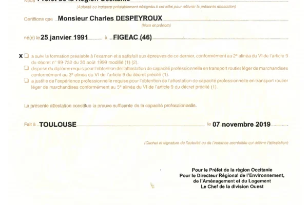 Licence de transport de marchandise